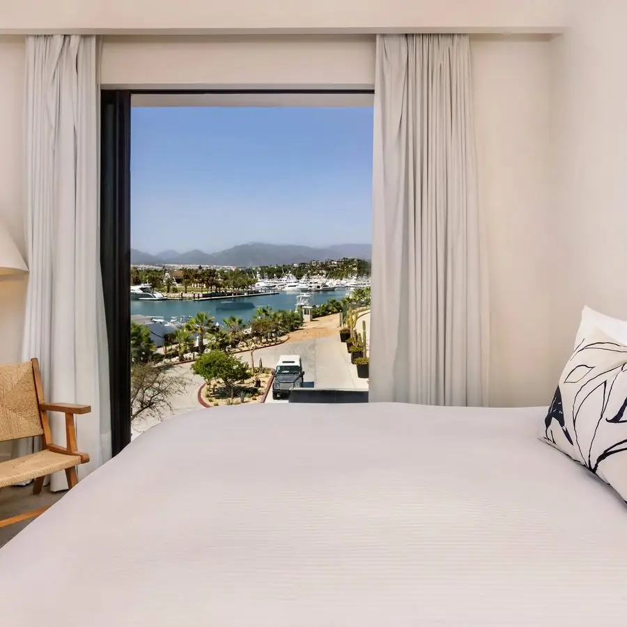 Room looking out to the marina and mountains